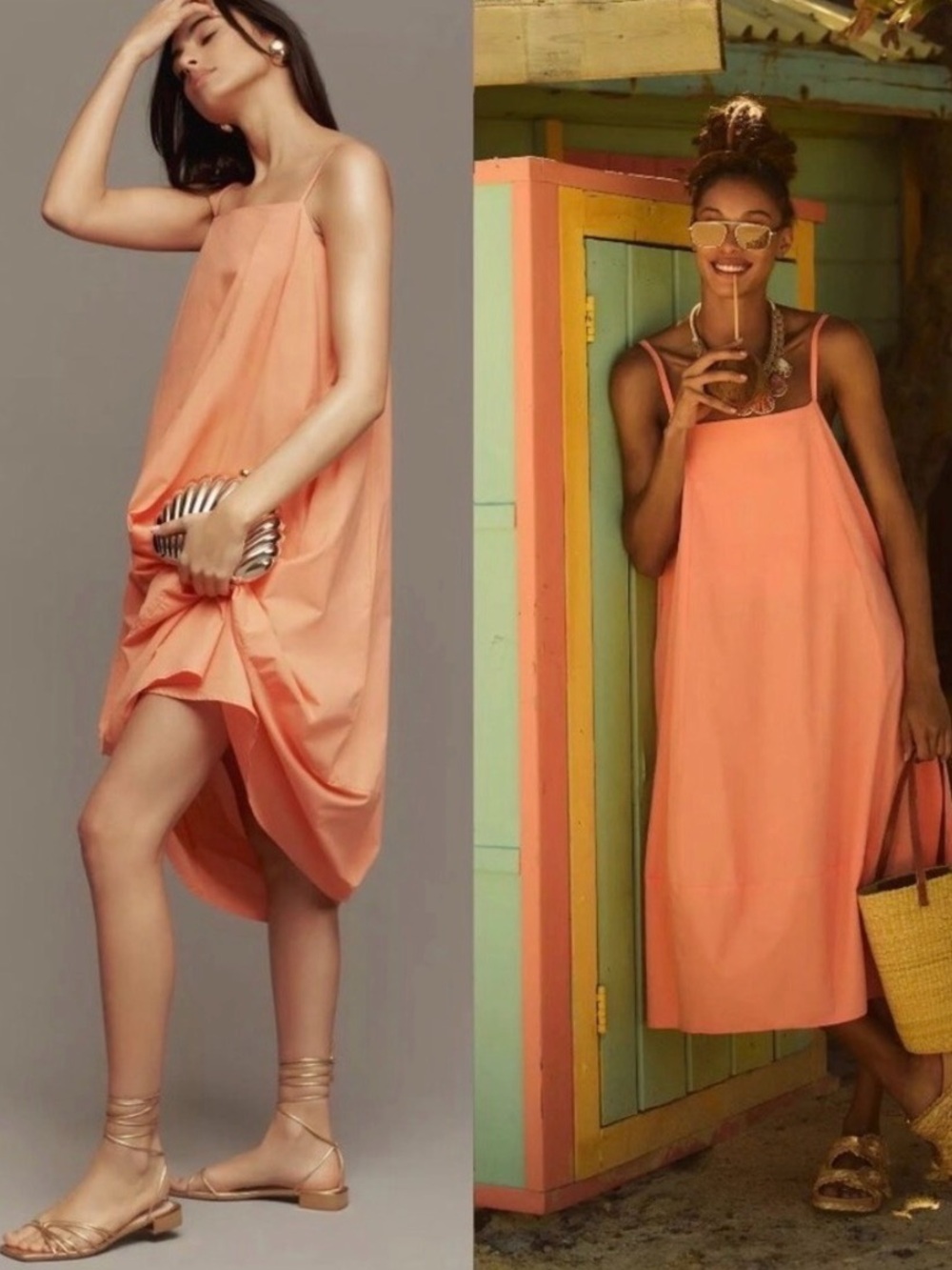 Anthropology Sleeveless Coral Slip Midi- Lightweight Summer Dress